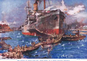 The Landing of troops from the River Clyde at V Beach, Gallipoli Peninsula The Landing of troops from the River Clyde at V Beach, Gallipoli Peninsula
