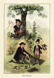 Landowner discovering poachers netting partriduges on his land, 19th century Landowner discovering poachers netting partriduges on his land, 19th century