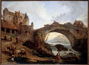 Hubert Robert, Dragonman Drawing the Wooden Bridge in the Park of Merville,  painting, oil on canvas, Height, 65 cm (25.5 inches), Width, 81 cm (31.8  inches), Inscriptions, Signature, H Robert, Reimagined by