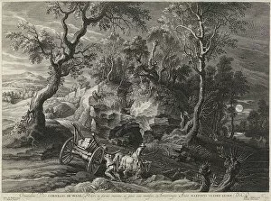 Pierre Rubens Gallery: Landscape with a jammed chariot (engraving)