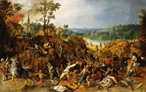 A Landscape with Marauders attacking a Wagon Train and Pillaging a Village, (oil on panel)
