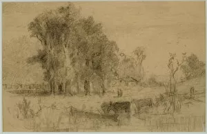 Landscape, Rowboat and Cows (#57) C. 1880 (graphite on paper)