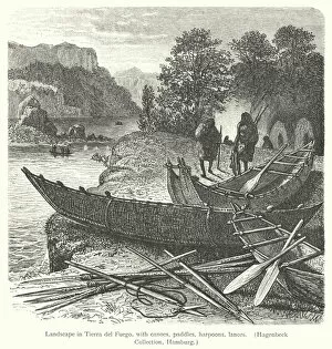 Landscape in Tierra del Fuego, with canoes, paddles, harpoons, lances (engraving)