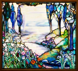 Landscape window depicting a river meandering from a distant mountain range at dusk Landscape window depicting a river meandering from a distant mountain range at dusk