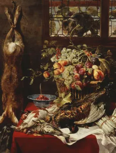 A Larder Still Life with Fruit, Game and a Cat by a Window, (oil on canvas) A Larder Still Life with Fruit, Game and a Cat by a Window, (oil on canvas)