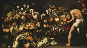 A Larder Stocked with Vegetables, Flowers and Fruit, (oil on canvas) A Larder Stocked with Vegetables, Flowers and Fruit, (oil on canvas)