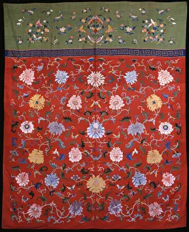 A large hanging woven in kossu in coloured silks against a red ground A large hanging woven in kossu in coloured silks against a red ground