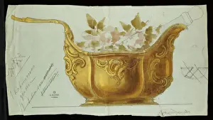 Large metal kovsh in the Louis XV style, House of Carl Faberge (pencil & w/c on paper) Large metal kovsh in the Louis XV style, House of Carl Faberge (pencil & w/c on paper)