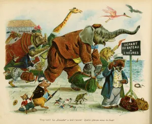 Too late! The crocodile has raised the anchor! What a miserable look they do!, illustration of the book for children 'Les animaux en train de plaisir', by J.Jacquin, drawing by G.H.Thompson, edition Hachette et Cie, 1885, Paris Too late! The crocodile has raised the anchor! What a miserable look they do!, illustration of the book for children 'Les animaux en train de plaisir', by J.Jacquin, drawing by G.H.Thompson, edition Hachette et Cie, 1885, Paris