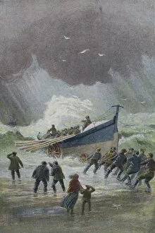 Launching a lifeboat (colour litho)