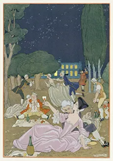 On the Lawn, illustration for Fetes Galantes by Paul Verlaine (1844-96) 1923 (pochoir print) On the Lawn, illustration for Fetes Galantes by Paul Verlaine (1844-96) 1923 (pochoir print)