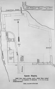 Layout of the San Francisco de la Espada Mission (engraving) (b/w photo) Layout of the San Francisco de la Espada Mission (engraving) (b/w photo)