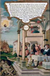 Lazarus and the Rich Mans Table (Luke 16), section of wing panel from the Mompelgarter Lazarus and the Rich Mans Table (Luke 16), section of wing panel from the Mompelgarter