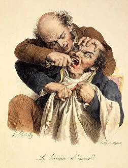 Le Baume l'acier - Having a Tooth Pulled, pub. in Paris, 1826 (colour litho)