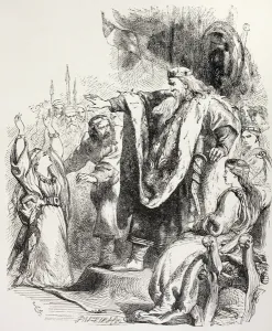 Lear believes Cordelia does not love him and banishes her, illustration from King Lear Lear believes Cordelia does not love him and banishes her, illustration from King Lear