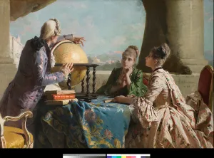 The Lecon of Geography Two young women of high society and their teacher showing them a The Lecon of Geography Two young women of high society and their teacher showing them a