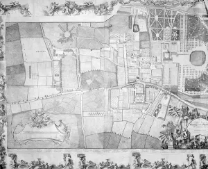 Detail (left side) of the plan of Kensington Palace by Joshua Rhodes, 1764 (engraving) Detail (left side) of the plan of Kensington Palace by Joshua Rhodes, 1764 (engraving)