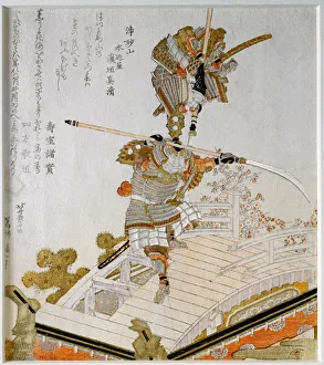 The legendary battle of Samurai Minamoto no Yoshitsune against Saito Musashibo Benkei, on the bridge of Gojo in Kyoto. 18th-19th century (Japanese print) The legendary battle of Samurai Minamoto no Yoshitsune against Saito Musashibo Benkei, on the bridge of Gojo in Kyoto. 18th-19th century (Japanese print)