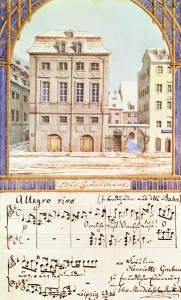 The Leipzig Gewandhaus with a piece of music by Felix Mendelssohn (1809-47) (w/c The Leipzig Gewandhaus with a piece of music by Felix Mendelssohn (1809-47) (w/c