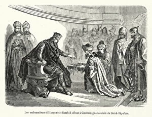 Les ambassadeurs d'Haroun-al-Raschid offrant a Charlemagne les clefs du Saint-Sepulcre (engraving)