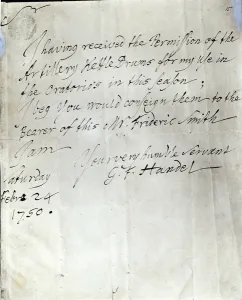 Letter from George Frederick Handel dated February 24th 1750 (pen & ink on paper) (photo) Letter from George Frederick Handel dated February 24th 1750 (pen & ink on paper) (photo)