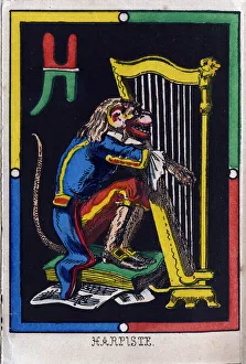 Letter H as harpist. Alphabet of monkeys. Wood engraving. Imaging of Epinal, 1863 Letter H as harpist. Alphabet of monkeys. Wood engraving. Imaging of Epinal, 1863