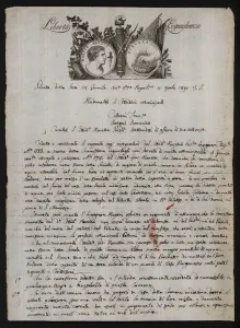Letter in Italian, with a depiction of the head of Brutus the younger, a burning hand representing Gaius Mucius Letter in Italian, with a depiction of the head of Brutus the younger, a burning hand representing Gaius Mucius