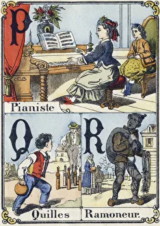 Letter P, Q and R: pianist, bowling and chimney. Recreative alphabet. Epinal imaging Letter P, Q and R: pianist, bowling and chimney. Recreative alphabet. Epinal imaging