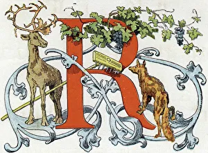 Reindeer Gallery: Letter R: Reindeer, Raisin, Rake, Fox. engraving in ' Alphabet'