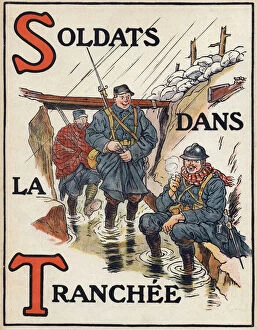Letters S and T: French soldiers in the Trench filled with water (hairy). War alphabet