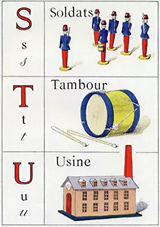Gioco Gallery: Letters S, T and U: 'Soldiers;Drum;Factory', in ABC des joujoux ou Alphabet des tout petits