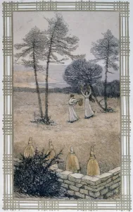 Life of bees: noise to keep bees away - drawing by A. Giraudon, 1914 Life of bees: noise to keep bees away - drawing by A. Giraudon, 1914