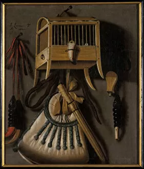 Still life with bird trapping equipment, 1660 (oil on canvas)