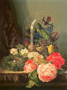 Still life of birds, flowers and a bird's nest on a table Still life of birds, flowers and a bird's nest on a table