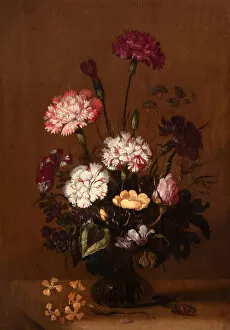 Wild Roses Gallery: A Still Life of Carnations, Rosesand Cyclamen in a Glass Vase on a Stone Ledgewith a Grasshopper