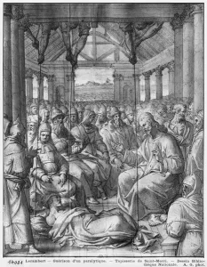 Life of Christ, Jesus healing a paralytic at Capernaum, preparatory study of tapestry Life of Christ, Jesus healing a paralytic at Capernaum, preparatory study of tapestry