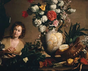 Bernardo Strozzi Collection: A Still Life of Flowers, Fruit, Vegetables and Seafood on a Ledge with a Figure holding a