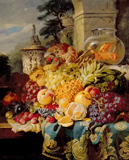 Images Dated 16th March 2011: Still life of fruit on a ledge with a goldfish bowl, 1876