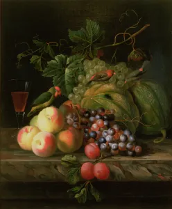 Still life of fruit on a ledge with Parakeets Still life of fruit on a ledge with Parakeets