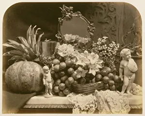 Still Life of Fruit with Mirror and Figurines, 1860 (sepia photo) Still Life of Fruit with Mirror and Figurines, 1860 (sepia photo)