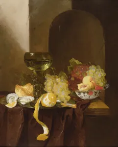 A Still Life with Fruit, a Peeled Lemon and a Roemer on a Ledge A Still Life with Fruit, a Peeled Lemon and a Roemer on a Ledge