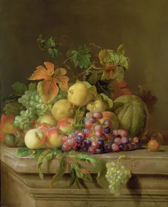 A Still Life of Melons, Grapes and Peaches on a Ledge A Still Life of Melons, Grapes and Peaches on a Ledge