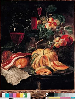 Still life Pumpkin, bacon, ham, peaches and wine. Painting by Giovan Paolo Castelli dit Lo Spadino (1659-1730)