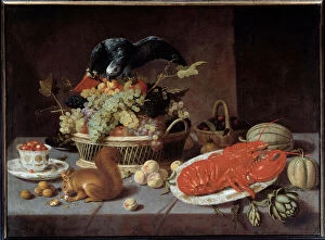 Still life with the squirrel. Painting by Jacob Fopsen Van Es (v.1596-1666) Ec. Flam