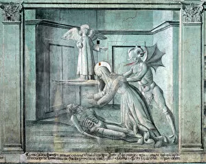 Seraphs Gallery: Life of St Francesca Romana : the saint stumbles on a corpse brought by devils (fresco, 1450-1500)