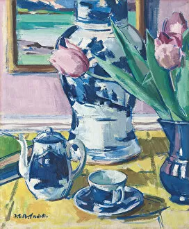 Still Life with Tulips and Iona, 1920s (oil on panel)