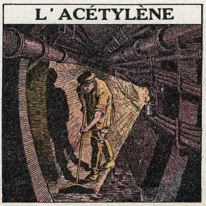 Light sources: illumination by acetylene used in drums. Anonymous illustration from 1925 Light sources: illumination by acetylene used in drums. Anonymous illustration from 1925