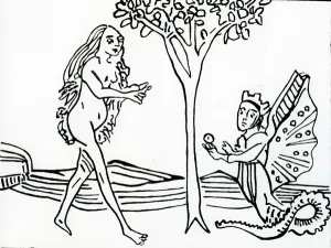 Lilith, winged and crowned, with serpentas tail, offers the apple to Eve, from Speculum Lilith, winged and crowned, with serpentas tail, offers the apple to Eve, from Speculum