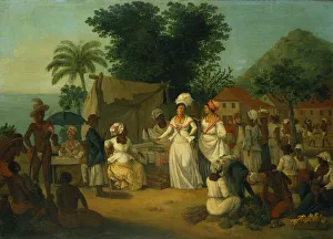 A linen market with a linen stall and a vegetable seller in a Colonial settlement A linen market with a linen stall and a vegetable seller in a Colonial settlement