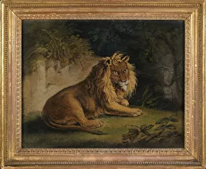 A Lion in a Jungle Landscape (sand-picture on board)